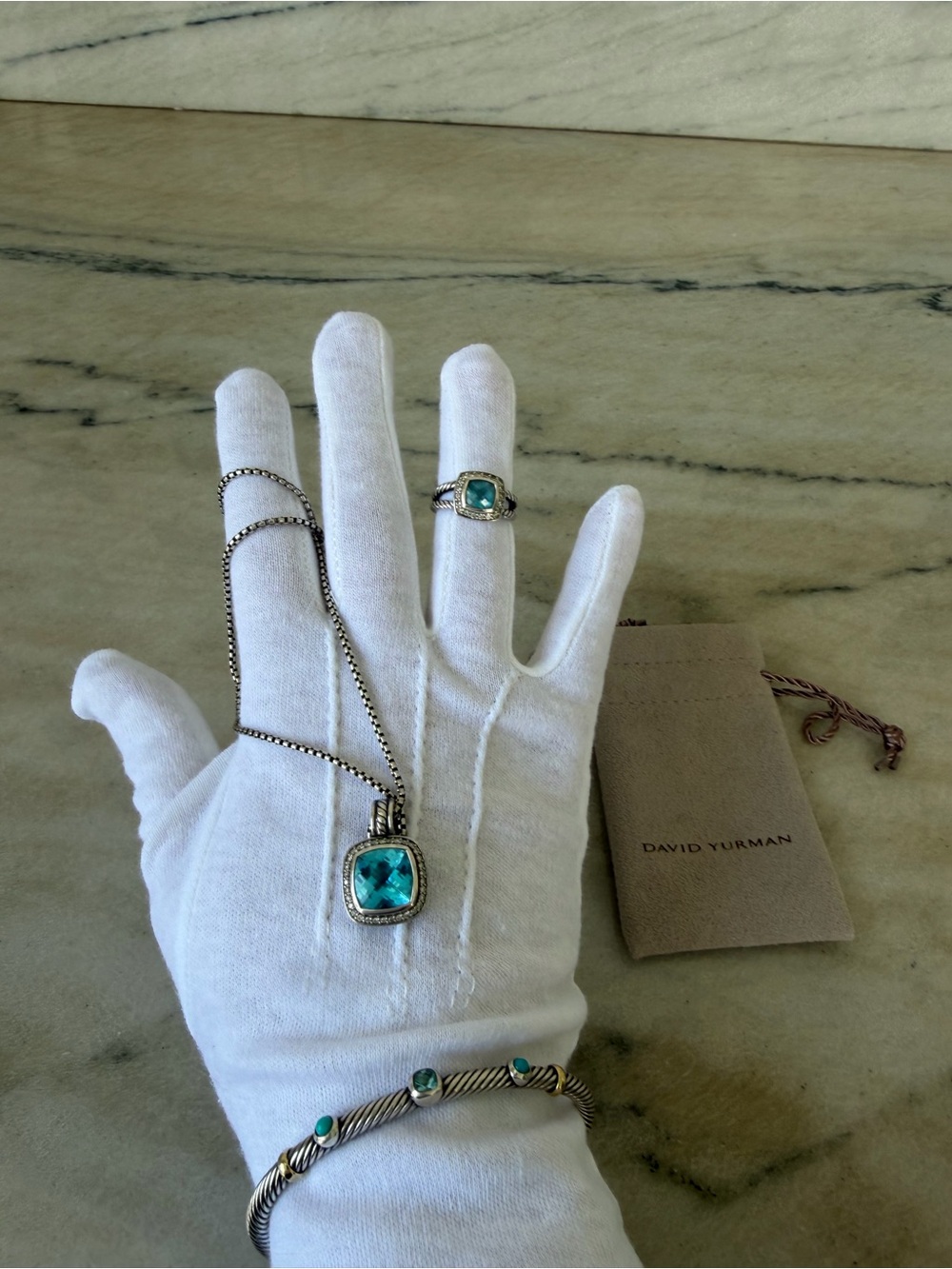 David Yurman Silver Cable Pendant Necklace,Ring, Bracelet Set BlueTopaz/Diamonds - Picture 2 of 13